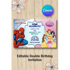 Twin Spiderman and Disney Princesses Invitation | Canva Template